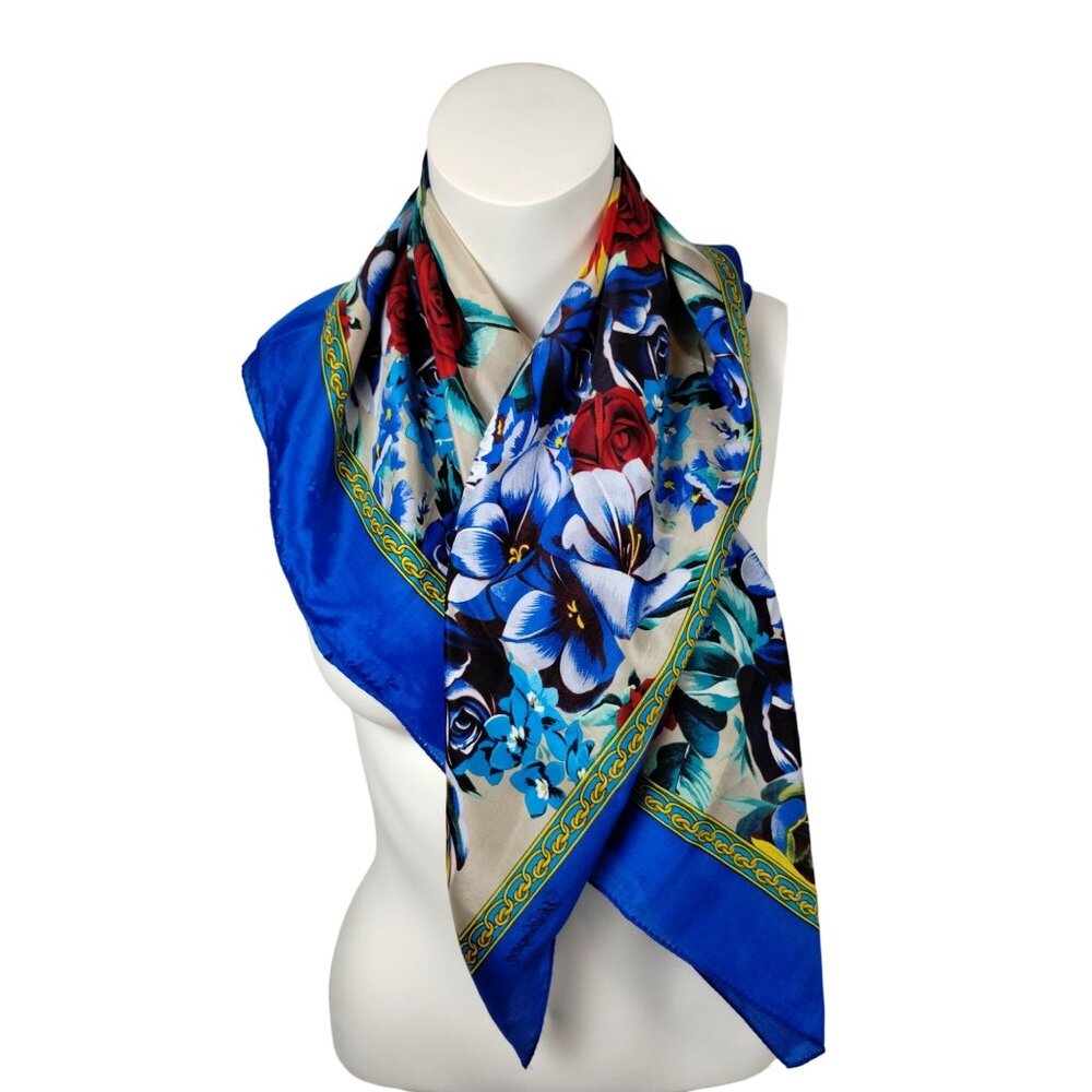 Womens Worthington Silk Floral Scarf With Vivid Blue Border